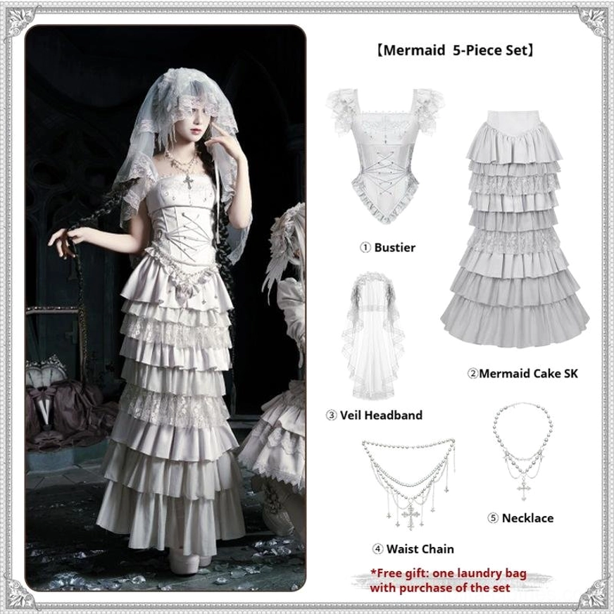 Mermaid cake five-piece gothic lolita set single model full body shot featuring bustier mermaid tiered skirt veil headband waist chain necklace