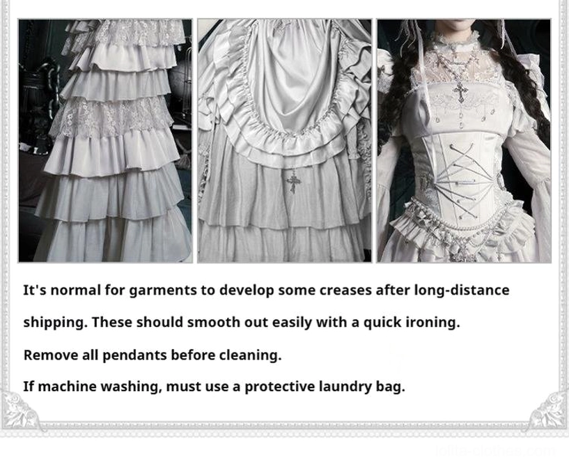 Gothic lolita mermaid skirt detail close-up showing tiered cake layers fabric variation multi-layer silhouette construction