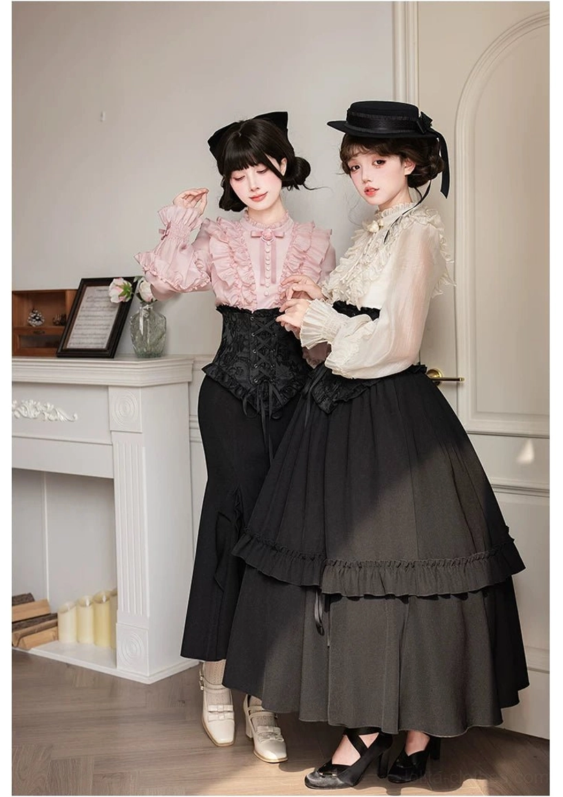 Gothic Lolita mermaid corset skirt detail shot boning structure waistline definition black fabric close-up