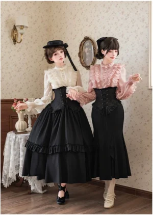 Gothic Lolita mermaid corset skirt full-body front view with pink and white ruffled blouse variant in vintage bedroom setting