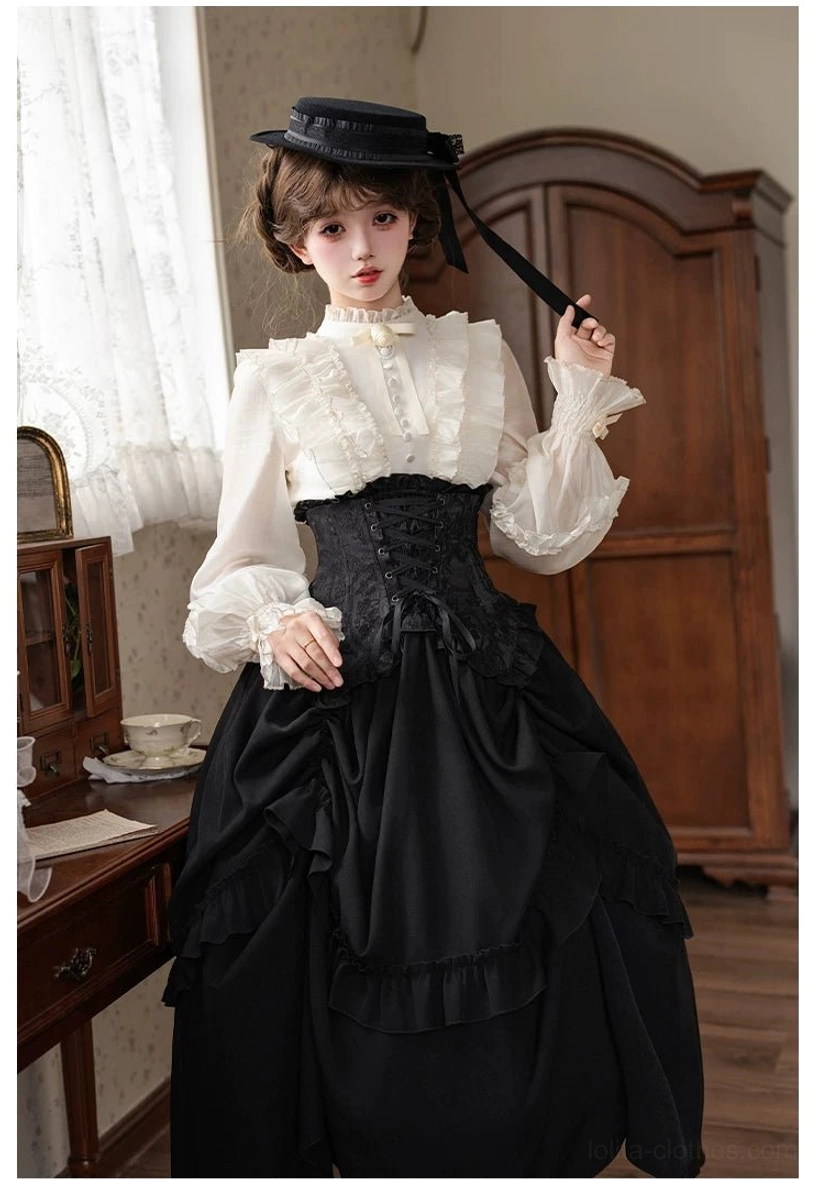 Gothic Lolita mermaid corset skirt complete silhouette profile dramatic curved hem circumference volume