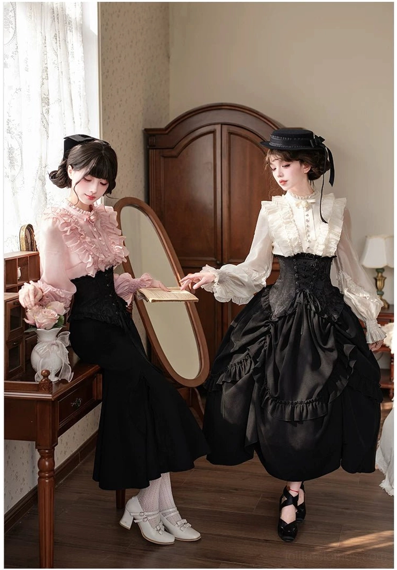 Gothic Lolita corset mermaid skirt sets white and pink blouses side pose vanity dresser mirror vintage room