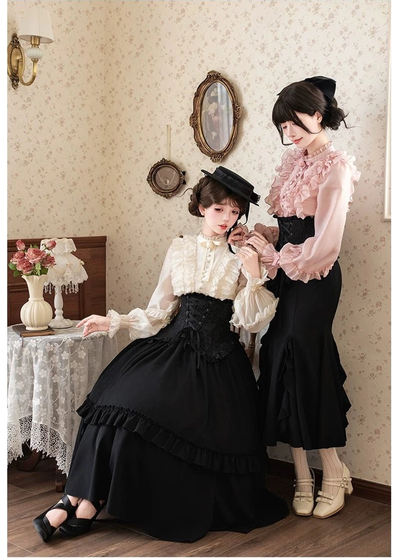 Gothic Lolita skirt blouse sets mermaid corset white pink black sitting standing full-body mixed poses decorative table flowers wall mirror