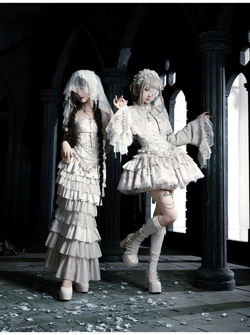 Gothic lolita mermaid SK five-piece set component breakdown featuring all included pieces bustier tiered skirt veil chain necklace