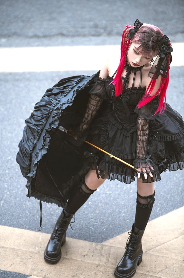 Gothic Lolita mesh arm sleeves with premium net yarn construction and hand-stitched cross embroidery details for authentic subculture fashion accessory
