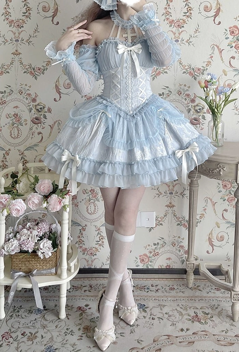 Gothic Lolita mesh puff arm sleeves collection showcasing multiple colorways including black, ivory, pink and blue cross maiden design variations