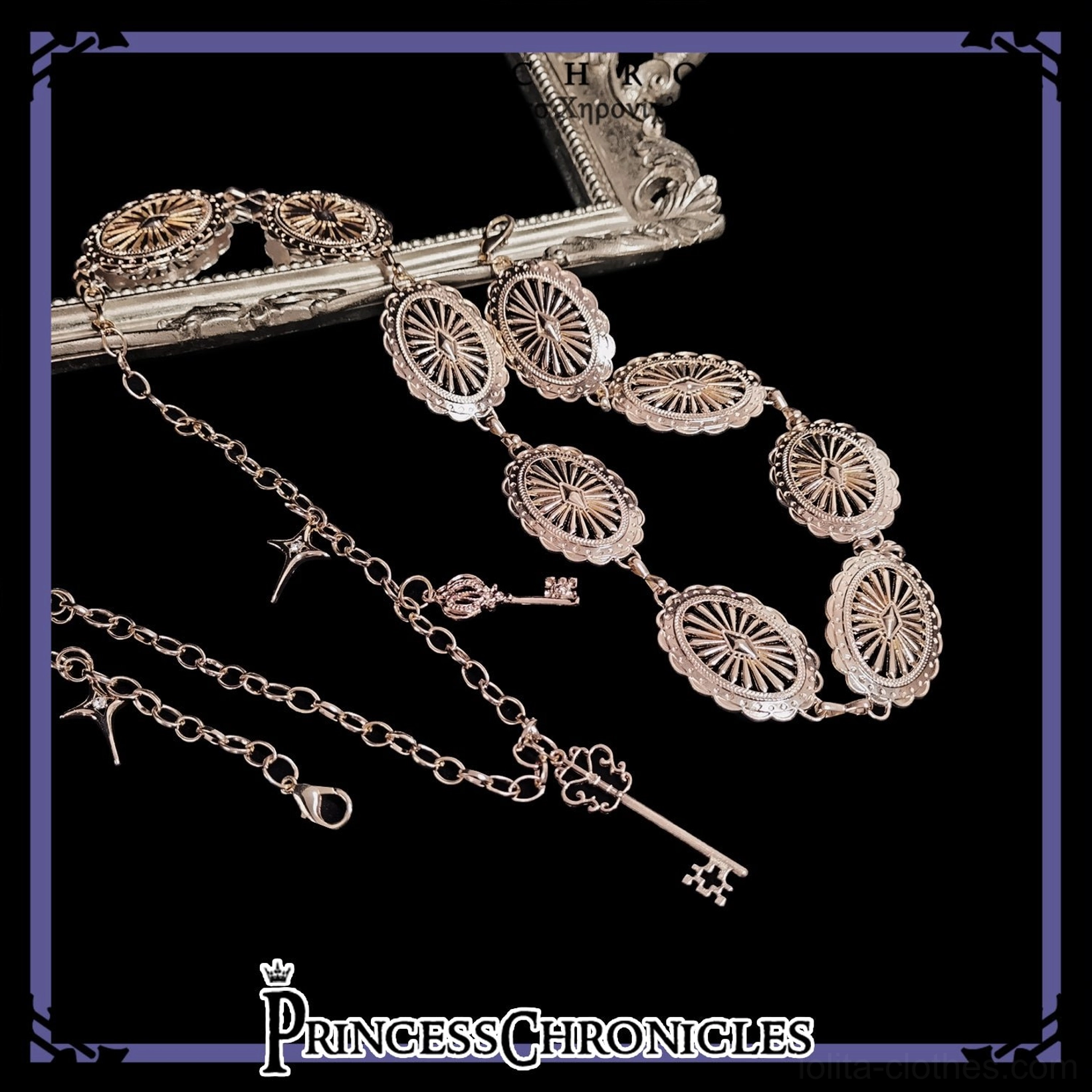 Vintage gothic lolita metal waist chain with nine ornate clock charms and dual key pendants in rose gold finish displayed on dark vintage backdrop with decorative frame