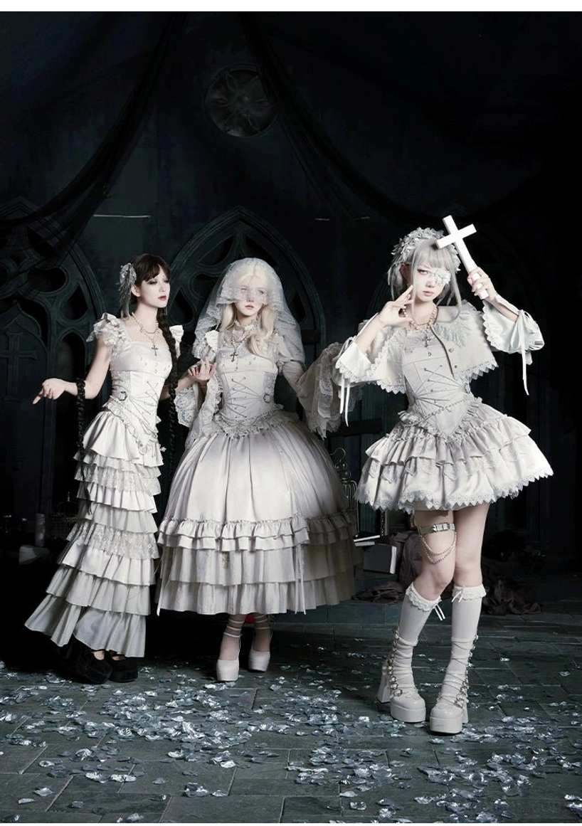Mixed gothic lolita fashion set showing three different white outfits with varied skirt styles on dark gothic church floor background