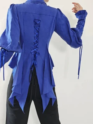 Gothic Lolita royal blue blouse back view showing corset-style lace-up back design asymmetrical tailed hem and ruched accordion pleated sleeves on mannequin