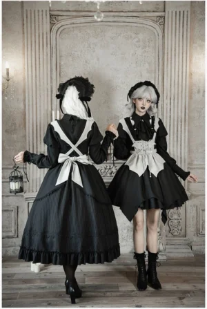Gothic lolita maid dress back view double models with large bow decoration vertical striped fabric tailored waist