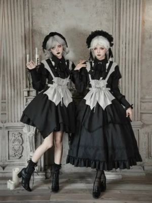 Gothic lolita dress set front view double models wearing batwing blouse black and white striped skirt vintage studio