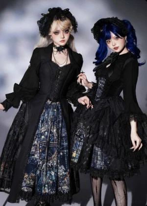 Night Traveler gothic lolita coordinate set with black lace-trimmed short skirt, corset top bustier, stained glass cathedral print design, matching gothic headwear, half-body close-up styling