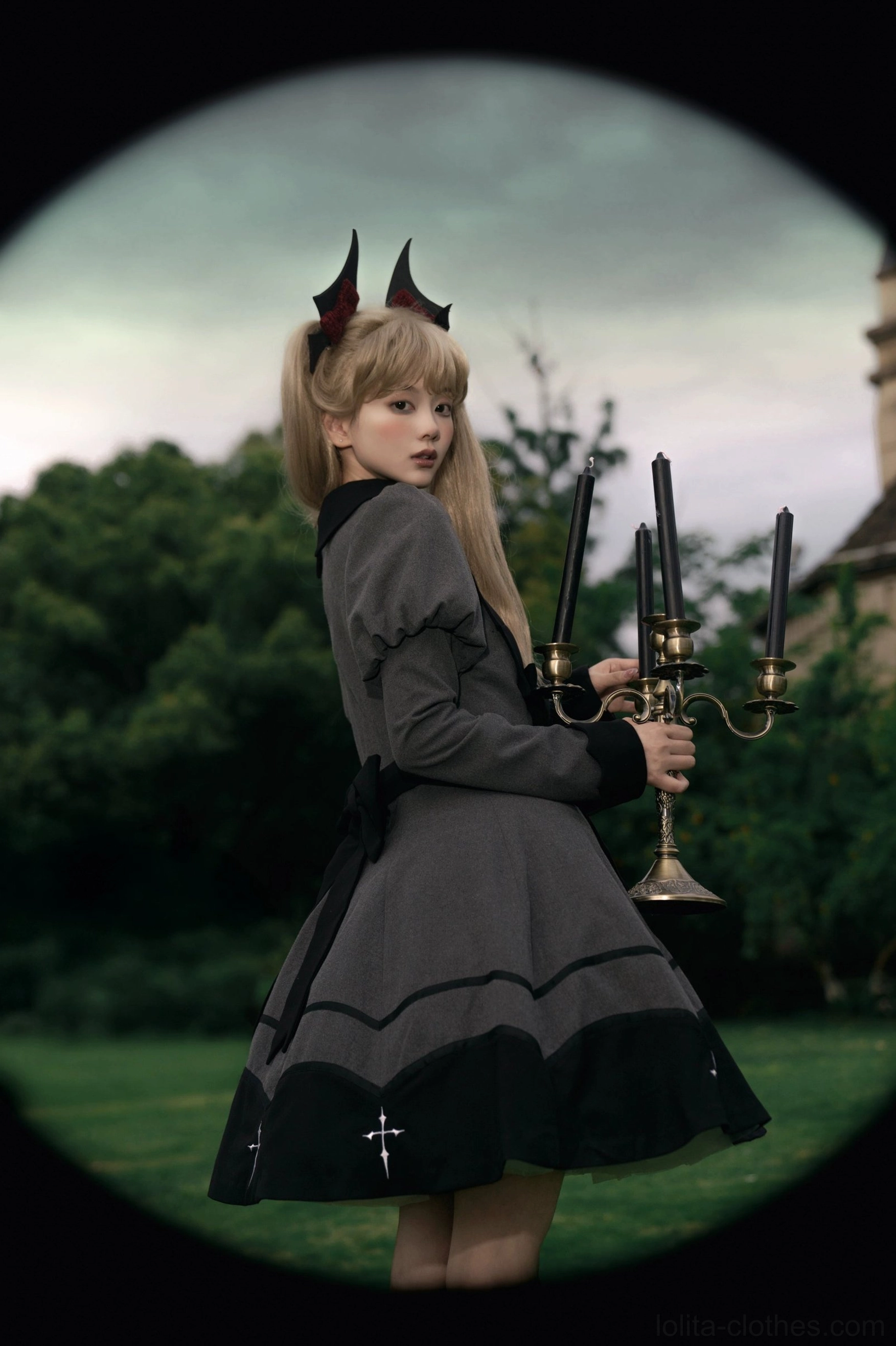 Gothic lolita OP dress side back low angle shot devil horn clips large back waist bow gray black contrast vintage garden church