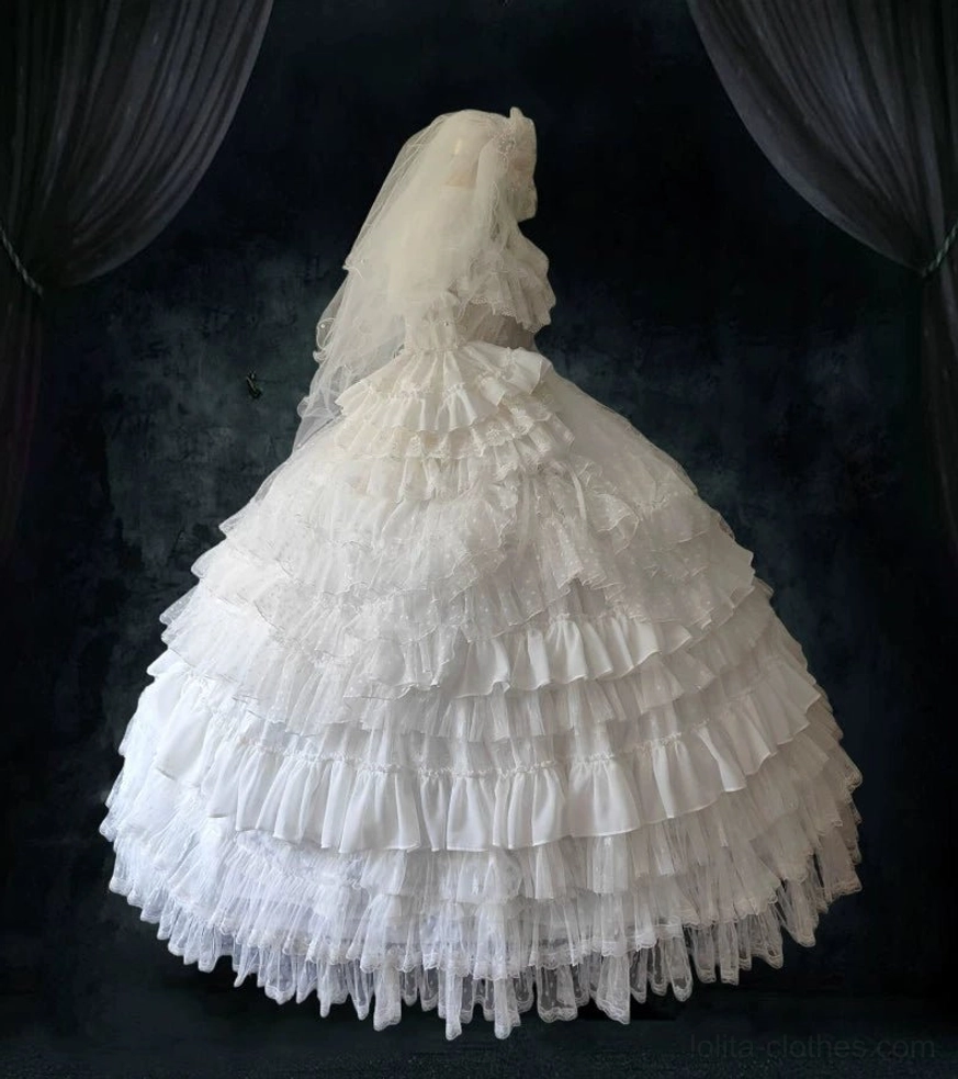 Gothic Wedding Lolita OP Dress back view showing back zipper closure waist tie details and layered ruffled skirt construction