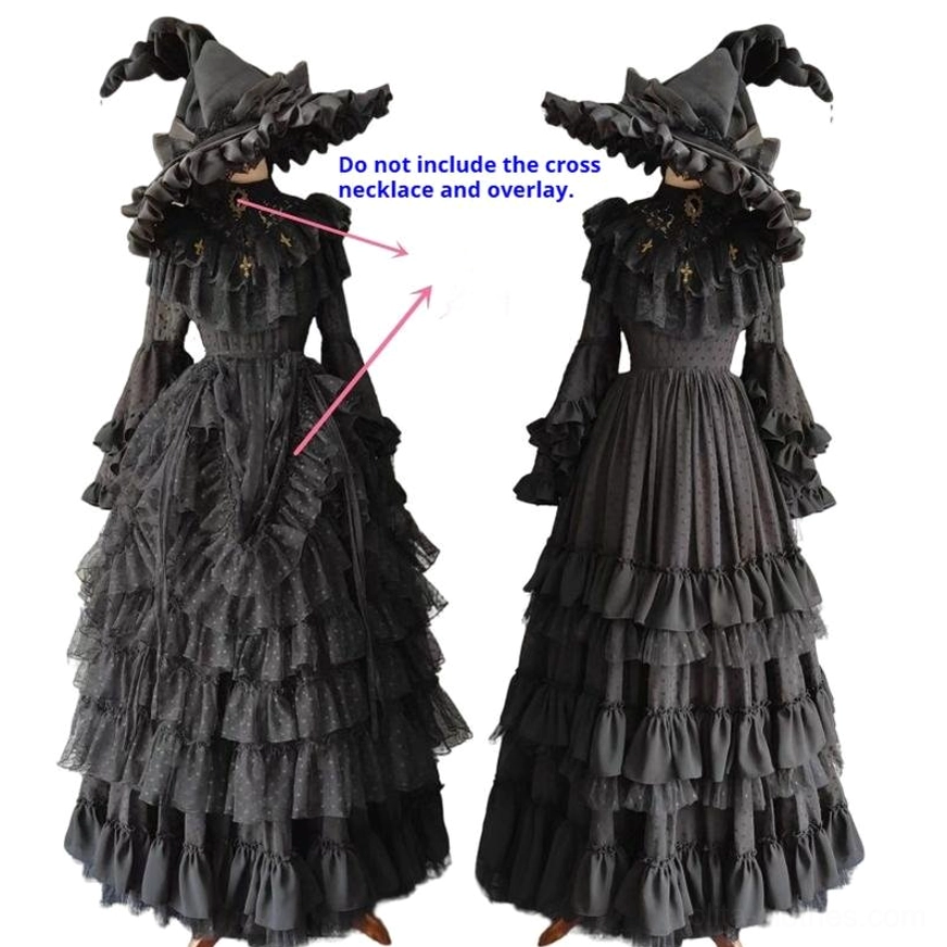 Gothic Wedding Lolita OP Dress upper body close-up showcasing lace stand collar ruffled sleeve trims leather corset with cross pendant and hollow ruffled tulle skirt