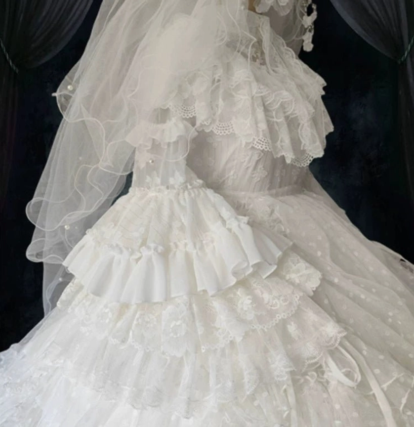 Gothic Wedding Lolita One-Piece Dress construction details showing seaming lace placement and chiffon fabric quality craftsmanship
