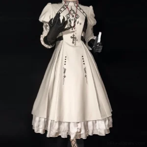 Gothic Lolita short dress front medium view with stand collar cross embroidery, puffed long sleeves, vertical decorative buttons, ruffled satin hem and cross prop styling