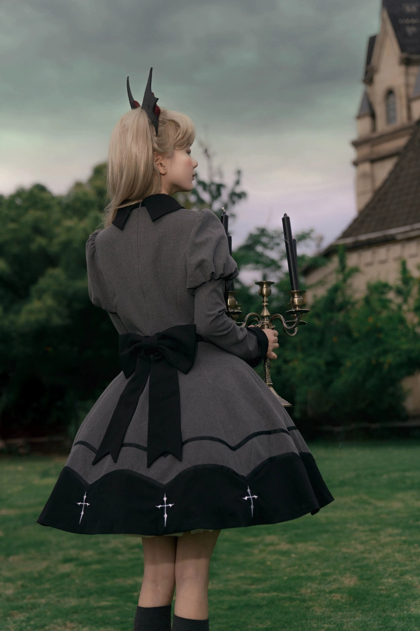 Bat-inspired gothic lolita OP dress full back view clear waist bow black hem neat cross embroidery dark forest background