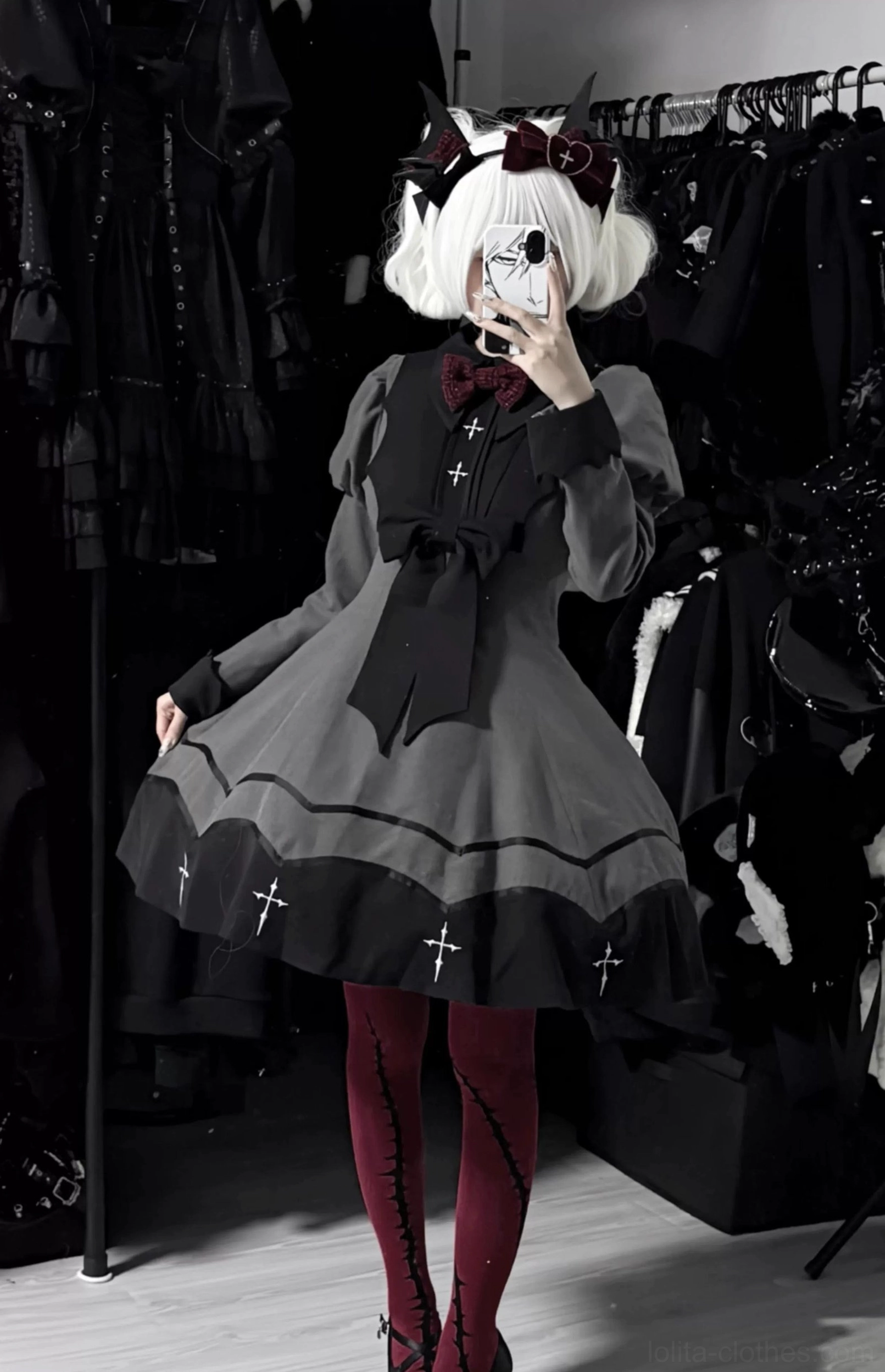 Bat-wing gothic lolita OP dress full ensemble coordinate styling long black socks platform shoes petticoat foundation