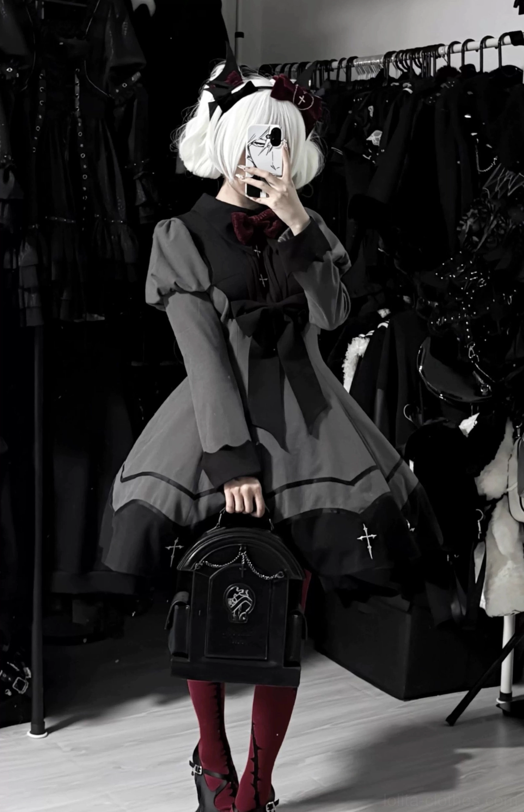 Halloween gothic lolita OP dress with accessories devil horns necklace hair clips gothic jewelry coordinate elements