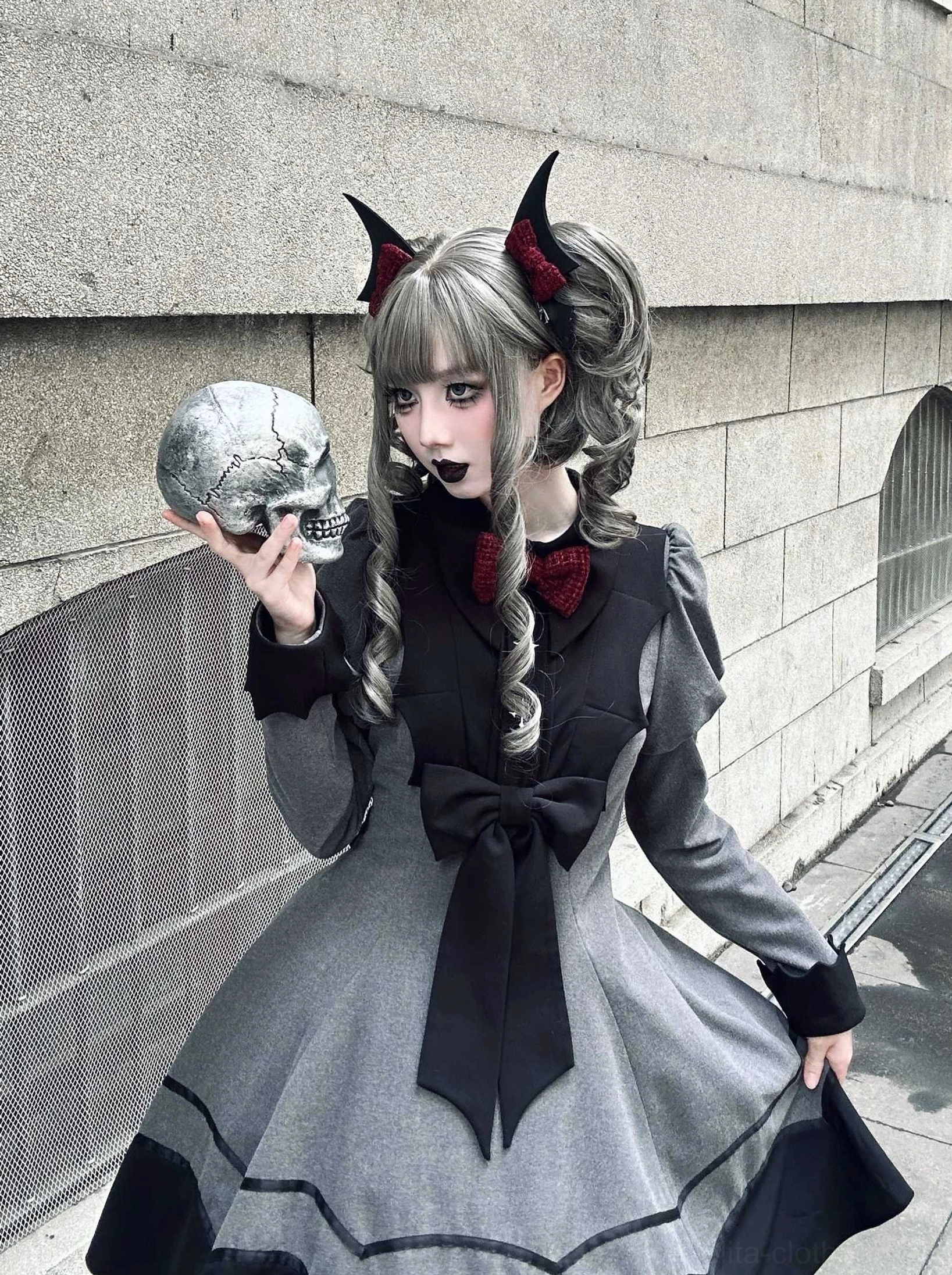 Nocturnal elegance vampire princess lolita OP dress gray and black color-block design contrast elements sophisticated palette