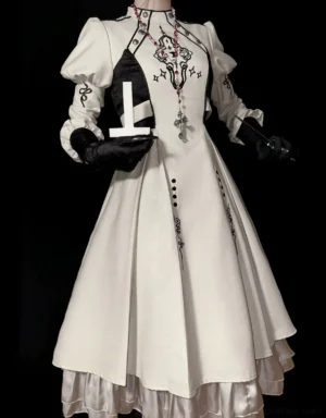 Gothic Lolita OP dress front close-up view featuring intricate cross embroidery on stand collar, ivory and black color-blocking, puffed sleeves, decorative cross accessory and black gloves detail