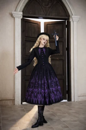 Purple embroidery gothic lolita one-piece dress front full-body view worn by model at wooden church double door entrance, showcasing stand collar, fitted waist, voluminous pleated skirt with ecclesiastical embroidery patterns, paired with black headpiece and combat boots
