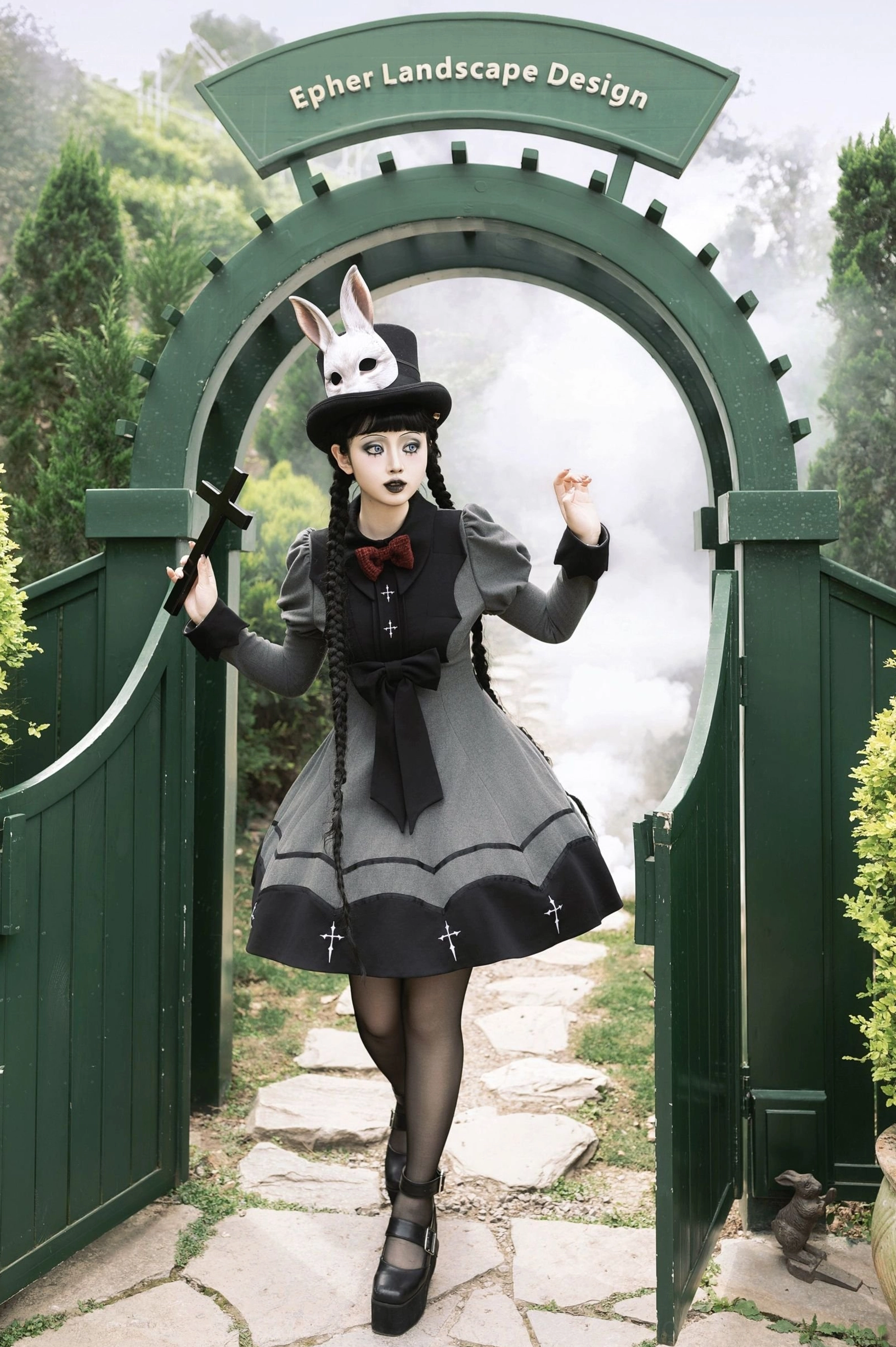 Halloween gothic lolita OP dress walking shot model bunny ear top hat vintage garden gate gray black red bow cross embroidery
