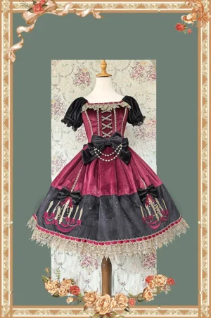 Wine red and black gothic lolita OP dress with tulle lace trim, pearl chain decorated waist bow, and chandelier prints on polka dot skirt displayed on dress form