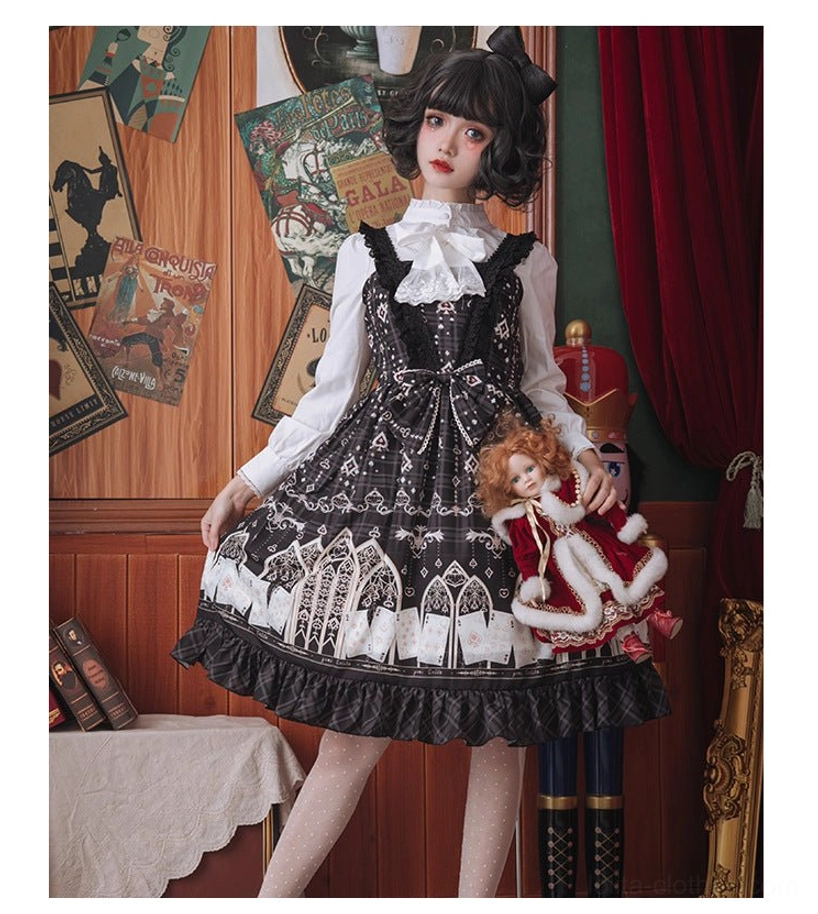 Side-back view of complete gothic Lolita outfit showing white puff sleeve blouse with ruffled layered black jumper skirt hem and fitted waist