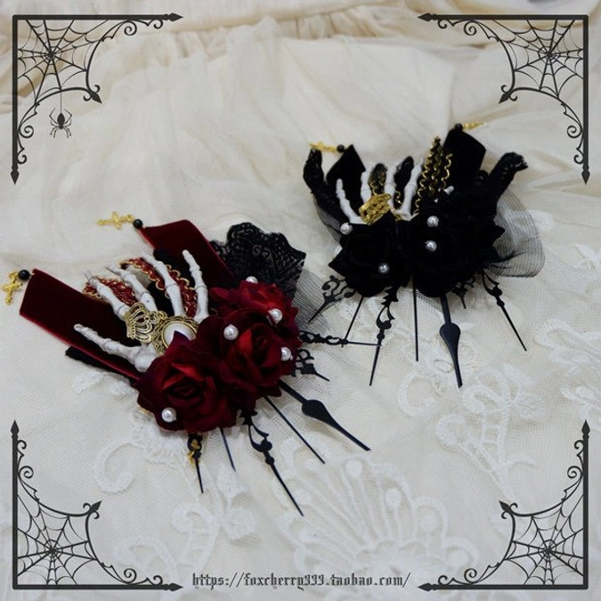 Paired gothic skeleton hand hair clips styles red rose black rose matching bone hands lace decorations flat lay