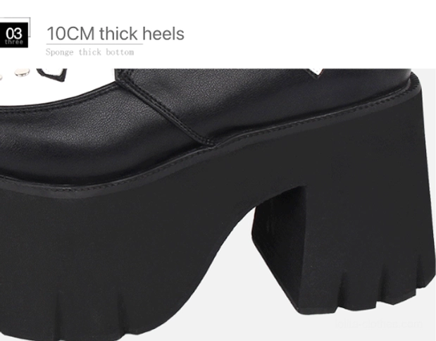 Close-up detail of gothic lolita boot platform heel section low side view 10cm thick sponge platform heel lugged rubber outsole traction