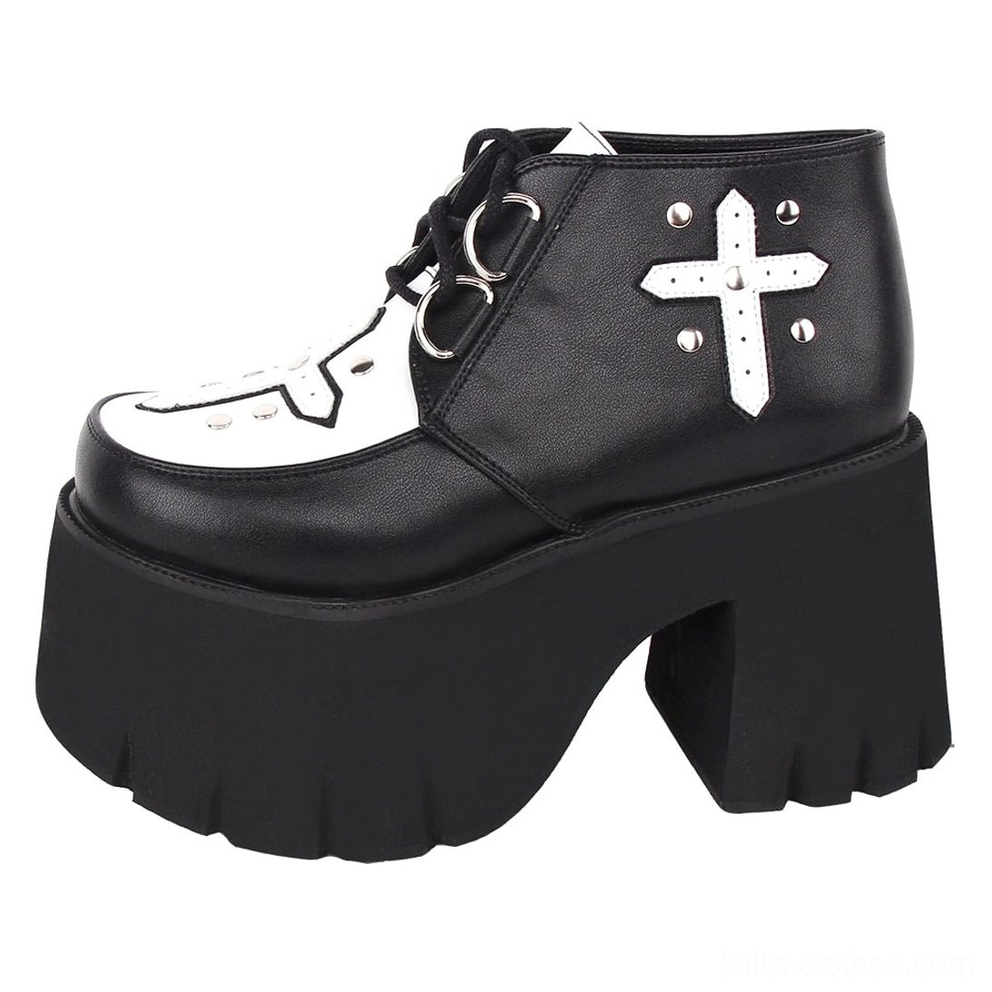 Single gothic cross platform boot left side front perspective smooth faux leather finish silver cross with round stud details chunky block heel platform