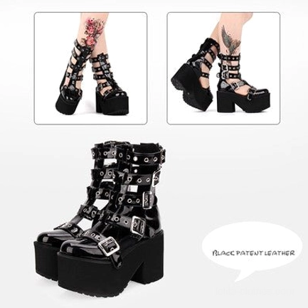 Gothic Lolita punk platform gladiator boots in black leather finish displayed with full buckle strap system, showcasing the classic black leather material option available
