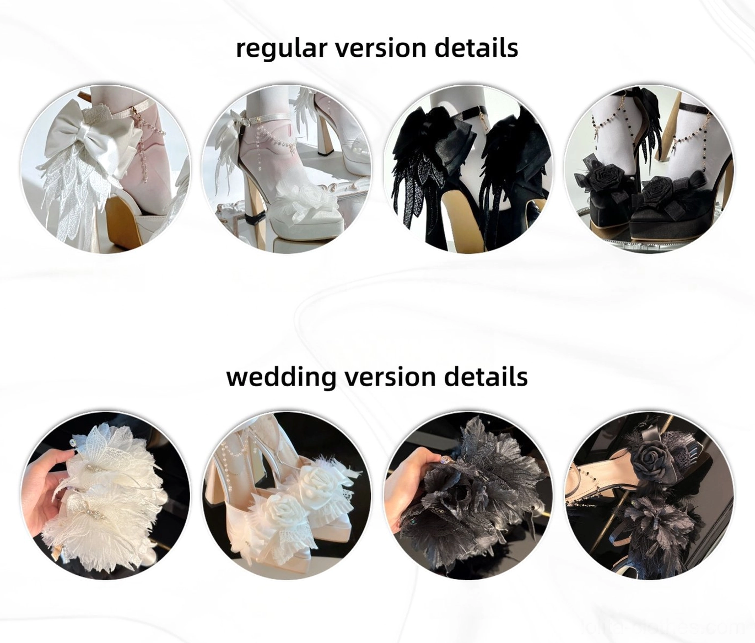 Gothic lolita platform heel shoes multi-angle display showing feather decoration movement, satin upper sheen, ankle buckle positioning, and overall silhouette proportions