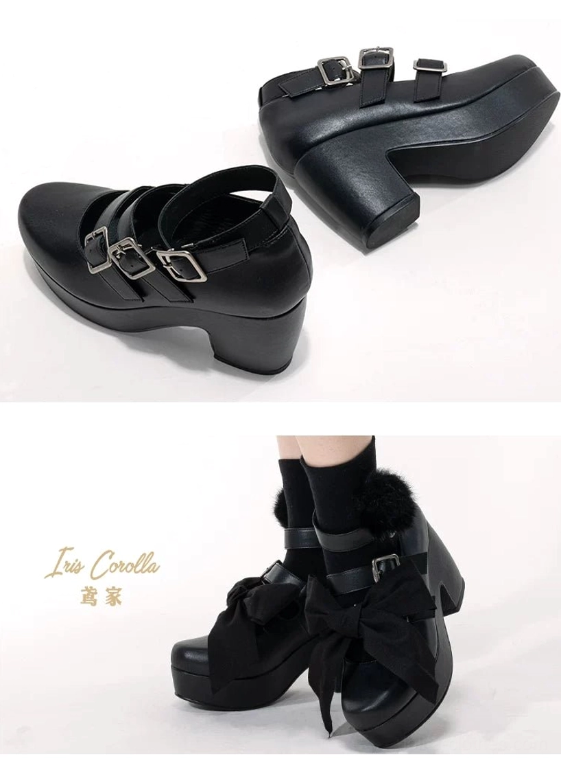 Gothic Lolita triple-buckle platform heel shoes bow attachment mechanism showing how detachable bows secure attach and remove for versatile styling options