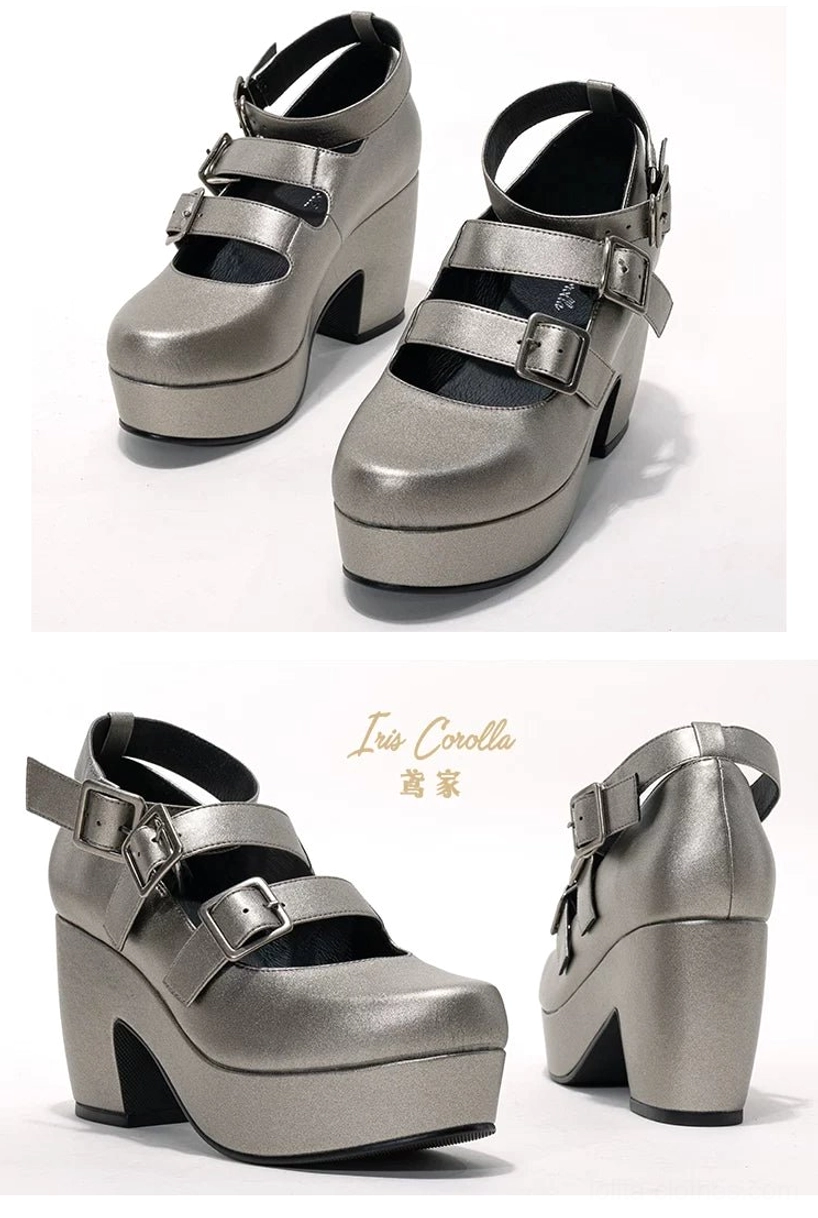 Gothic Lolita platform heel shoes beside measurement ruler showing platform height heel proportions comfort engineering for extended wear at Lolita events conventions