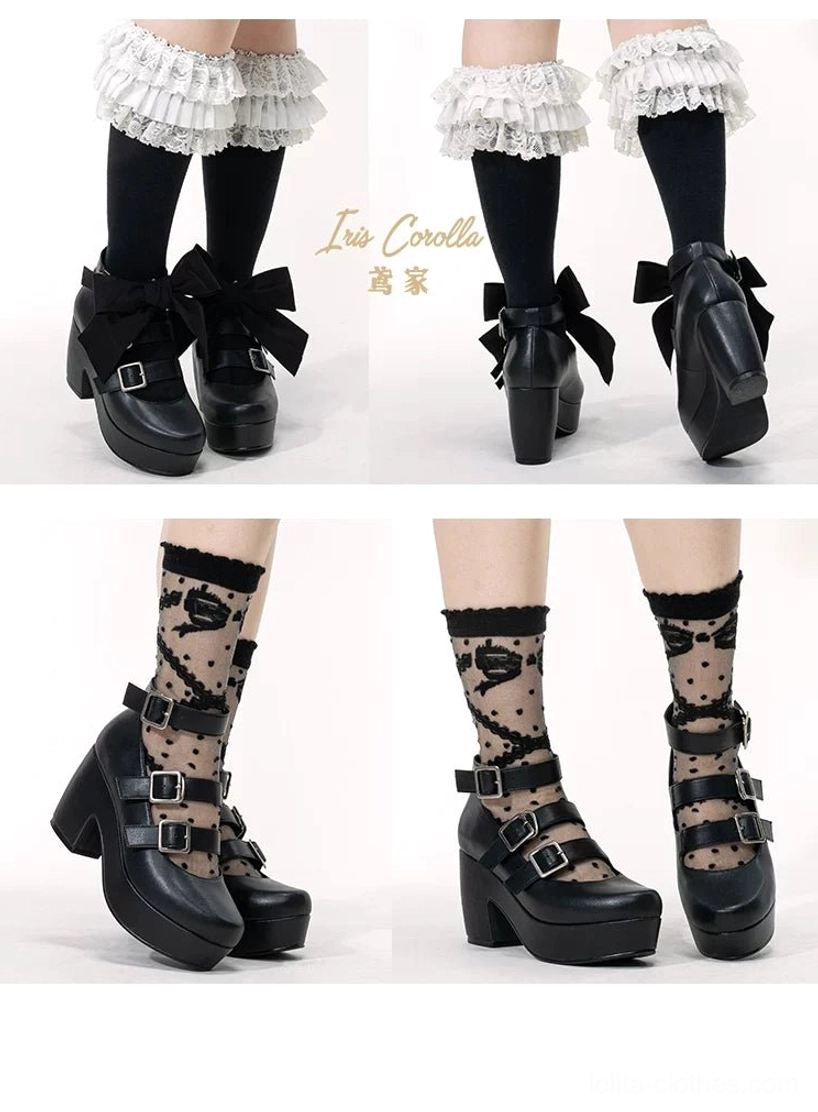 Gothic Lolita platform heel shoes microfiber version close-up showing lamb grain microfiber material texture smooth surface alternative to genuine leather