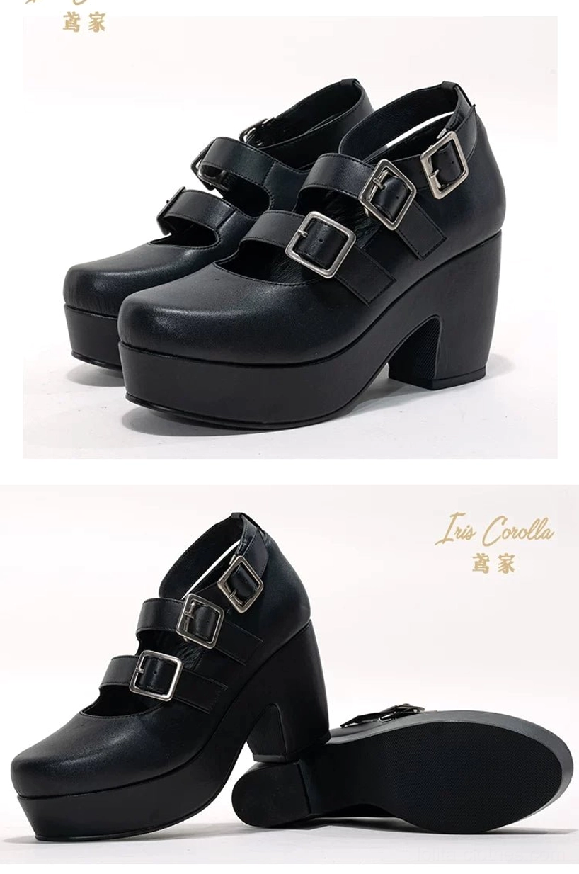 Gothic Lolita platform heel shoes size fit guide showing foot length width measurements all European sizes 35-40 cenimeters inches chart reference