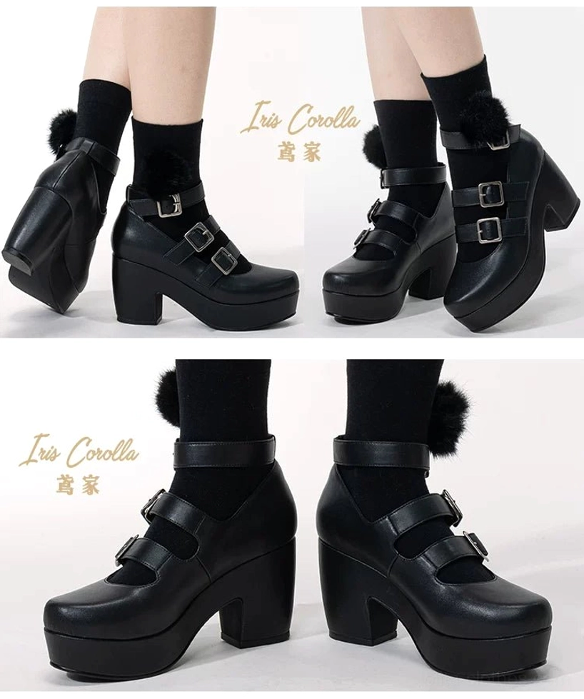 Gothic Lolita platform heel shoes sole and insole construction detail showing rubber outsole grip traction premium pigskin inner sole comfort engineering