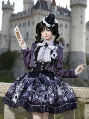 Gothic Lolita poker bunny outfit front view model wearing dark purple cropped blazer with poker-themed bow tie ruffled jacquard skirt and top hat accessory medieval castle background