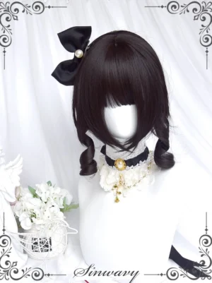Gothic lolita double ponytail curly wig natural black with large bow hair ornament neat blunt bangs tight spiral curls mannequin showcase