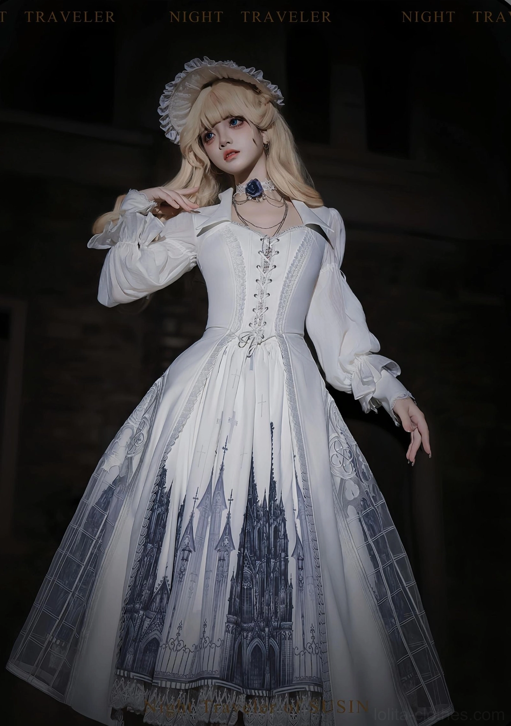 Gothic lolita princess shirt back view shirring details irregular pointed hem waist embroidery lace accents showcase