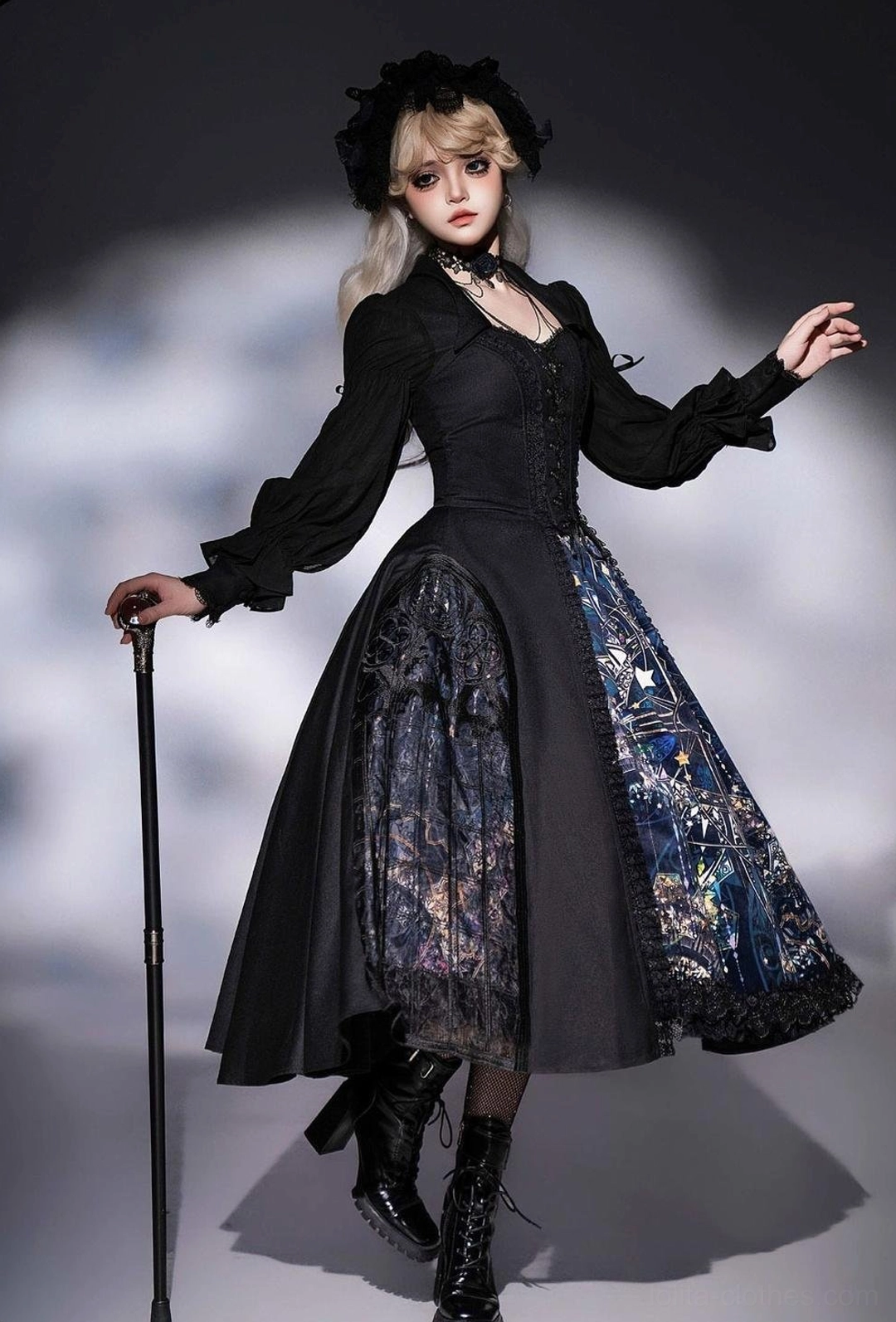 Gothic lolita princess-sleeved shirt drop neckline delicate lace details waist embroidery irregular pointed hem front view showcase
