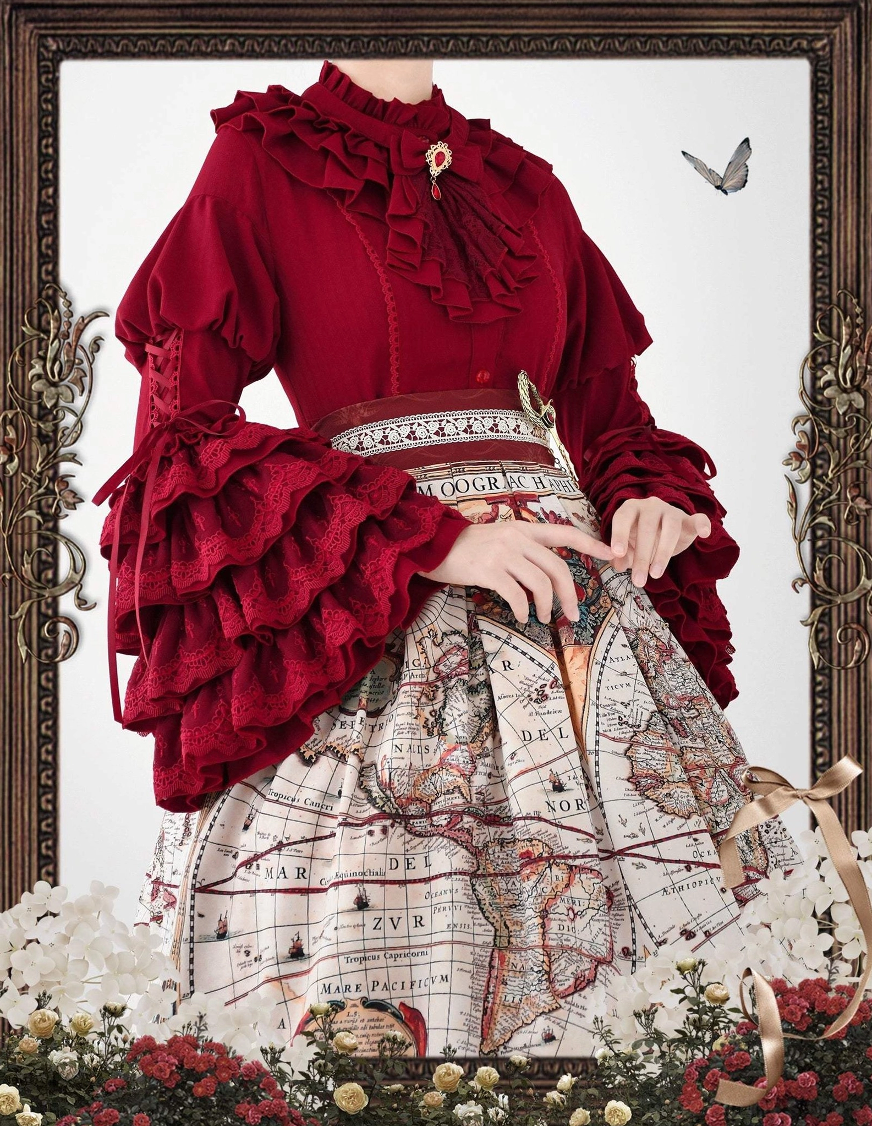Detailed close-up of gothic lolita princess sleeve construction showing lace edging puff details and bell sleeve silhouette on black dress variation