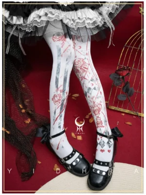 White base Gothic Lolita printed tights featuring red and grey rose card-pattern designs with gold accents styled with tiered ruffled Lolita skirt and black strap shoes