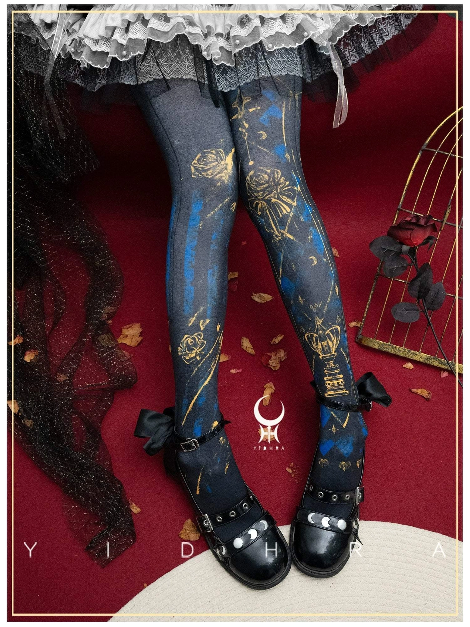 Dark grey-blue Gothic Lolita printed tights with gold vintage rose crown patterns matched with ruffled Lolita skirt and black buckle shoes