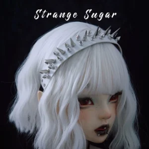 Gothic lolita punk hair accessory KC with white faux leather strap and dense silver cone spike studs on BJD doll model