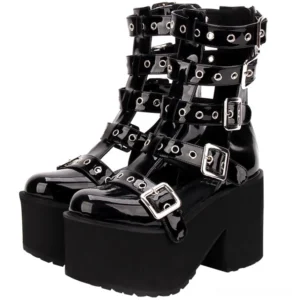 Gothic Lolita punk platform gladiator boots with multi-layer adjustable silver buckle straps and 10cm thick block heel, front three-quarter view on white background
