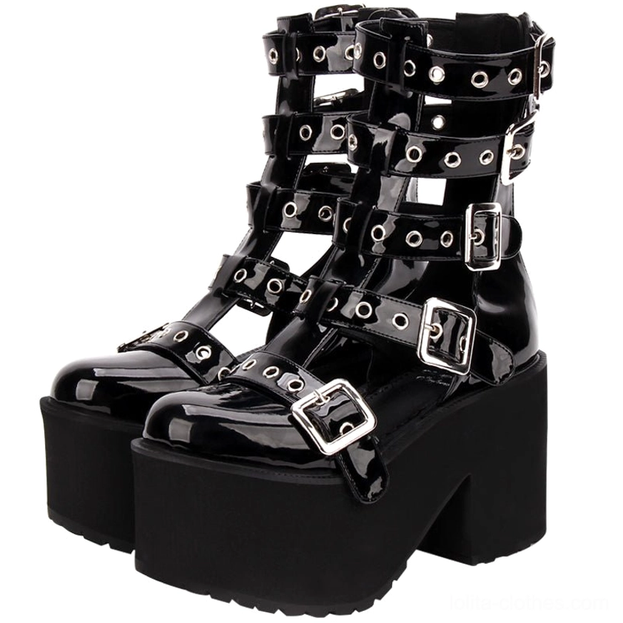 Gothic Lolita punk platform gladiator boots with multi-layer adjustable silver buckle straps and 10cm thick block heel, front three-quarter view on white background
